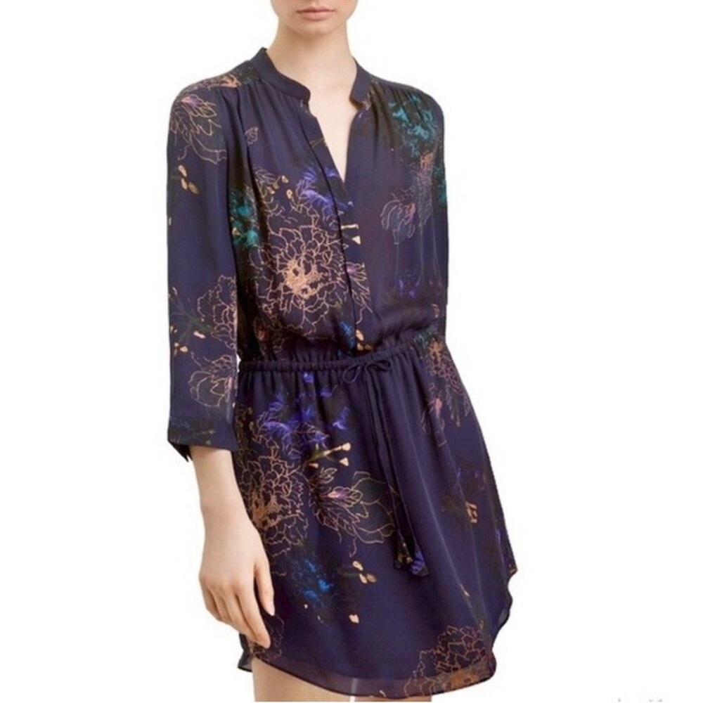 ARITIZIA BABATON 100% Silk Navy Floral Mini Shirtdress XS